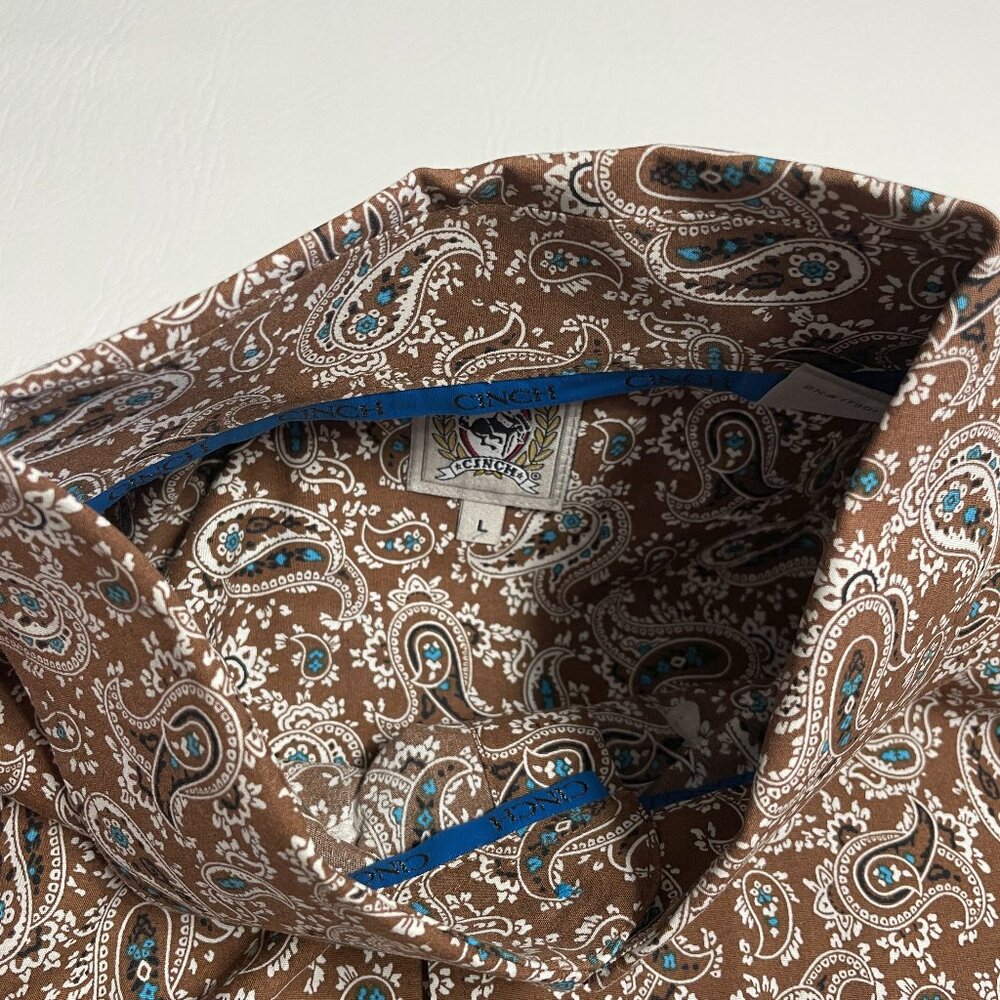 Cinch Shirt Men's Large Brown 100% Cotton Paisley Long Sleeve Button Up Western - Picture 8 of 13